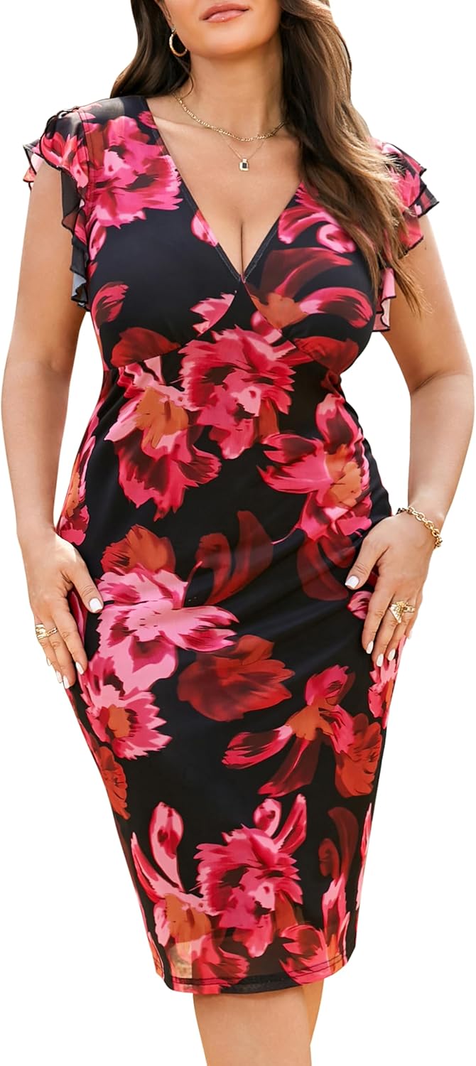 RWJ Plus Size Wedding Guest Dresses for Women 2026 Spring Summer V Neck Floral Bodycon Mesh Evening Cocktail Party Dress