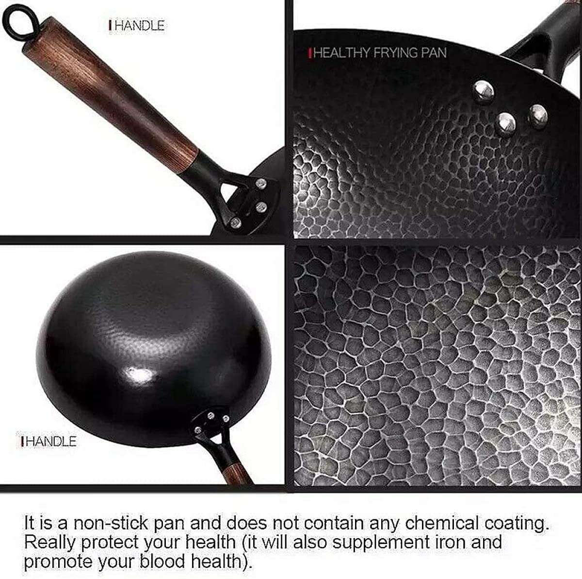Wok In Ferro Fatto A Mano 32 Cm Non Rivestito Pentola Antiaderente Fornello A Gas Fornello A Induzione Padella In Ferro Con Coperchio In Legno-Single Pot