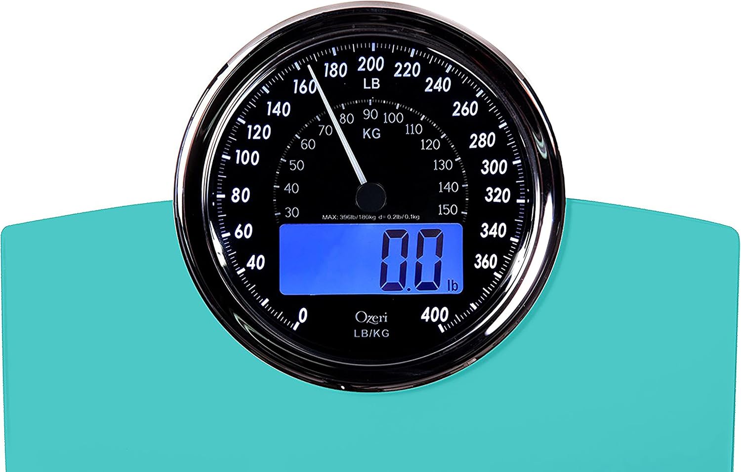 Close-up of Ozeri Rev Digital Bathroom Scale dial and digital display