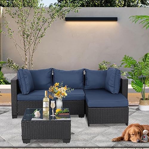 Miniatura 3 de Juego de 5 piezas de sillas de patio y muebles otomanos de patio para todo tipo de clima, juego de conversación de ratán PE con sillas acolchadas