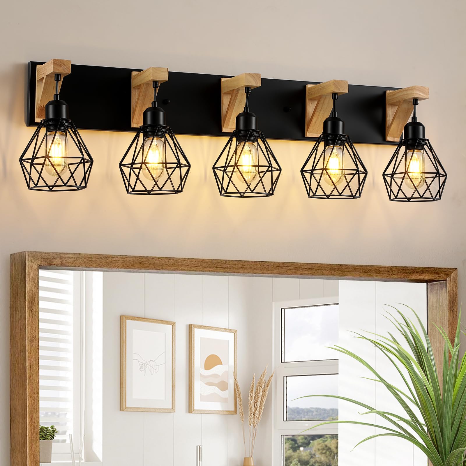 Snapklik.com : 5 Light Farmhouse Bathroom Light Fixtures, Wood Bathroom