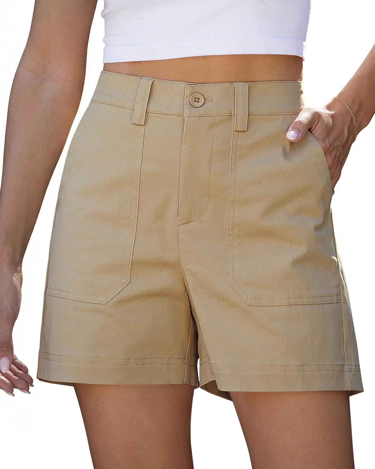 luvamia Summer Shorts for Women High Waisted Dressy Causal Cotton Chino Elastic Waist 5 Inch Inseam Mid Thigh Shorts