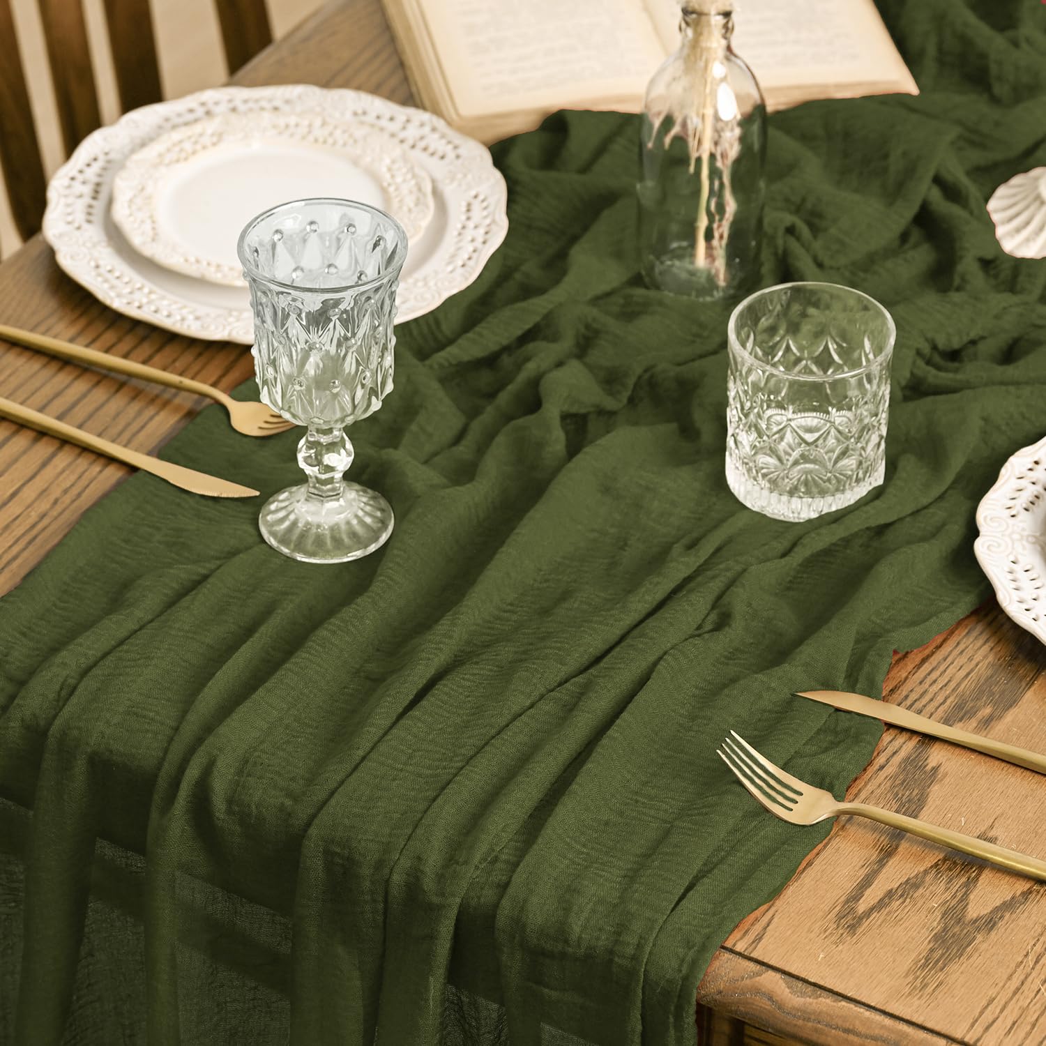 Artoid Mode Olive Green Boho Gauze Wedding Cheesecloth Table Runner 400 cm