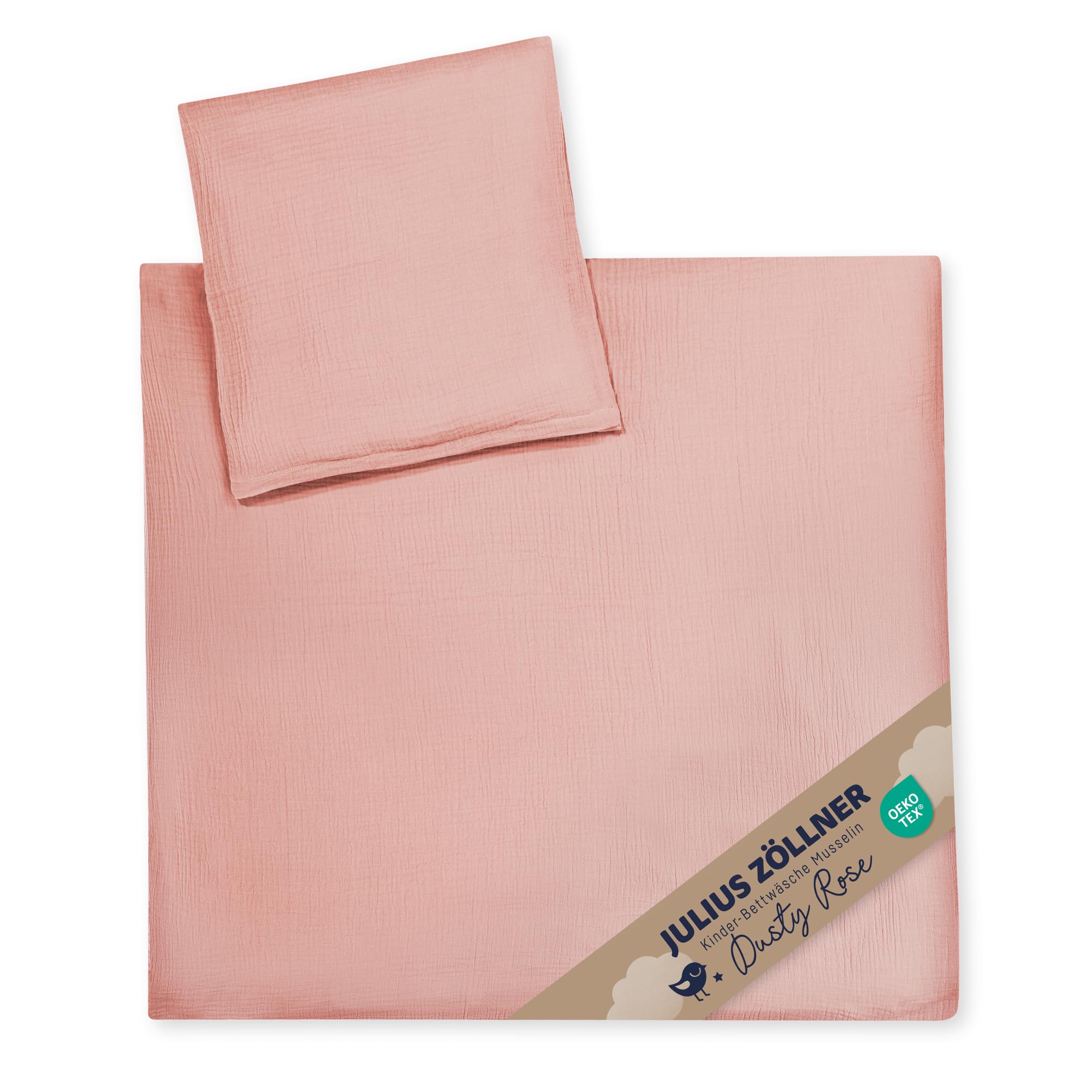 Julius Zöllner Mussola – Biancheria da letto per bambini 80 x 80 + 35 x 40 cm, set di 2 copripiumini e federa, 100% mussola di cotone, con chiusura lampo, Standard 100 by OEKO-TEX, Dusty Rose