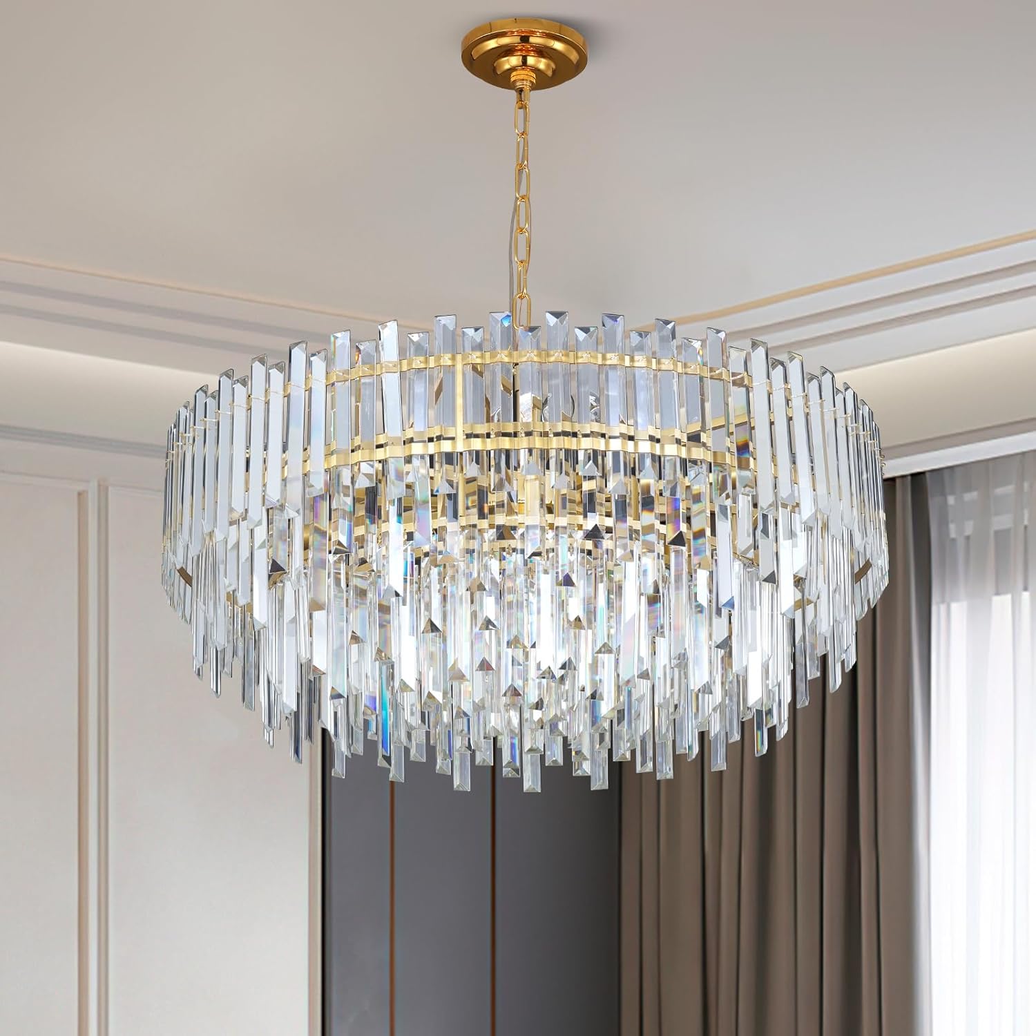 31.5" Modern Crystal Chandelier, 3-Tier Gold Pendant Light with 13 Lights, Luxury K9 Crystal Ceiling Fixture for Dining Room Living Room Foyer