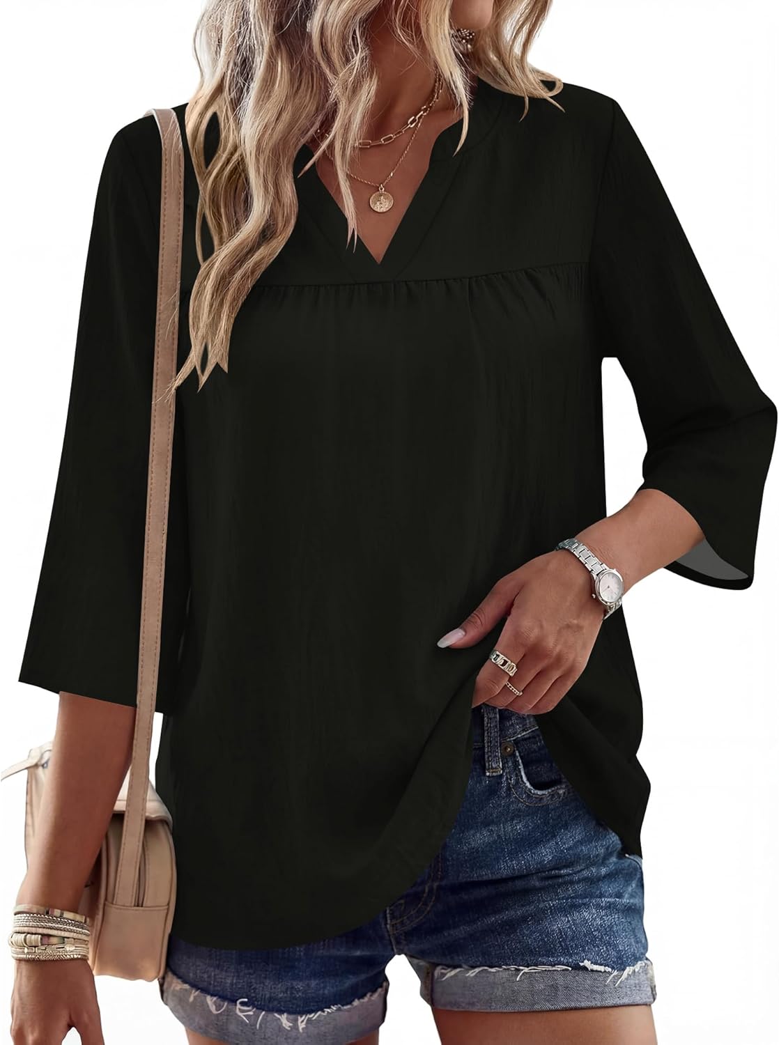 Rapbin Womens 3/4 Sleeve V Neck Floral Print Pleated Blouses for Women Dressy Casual Loose Fit Tops