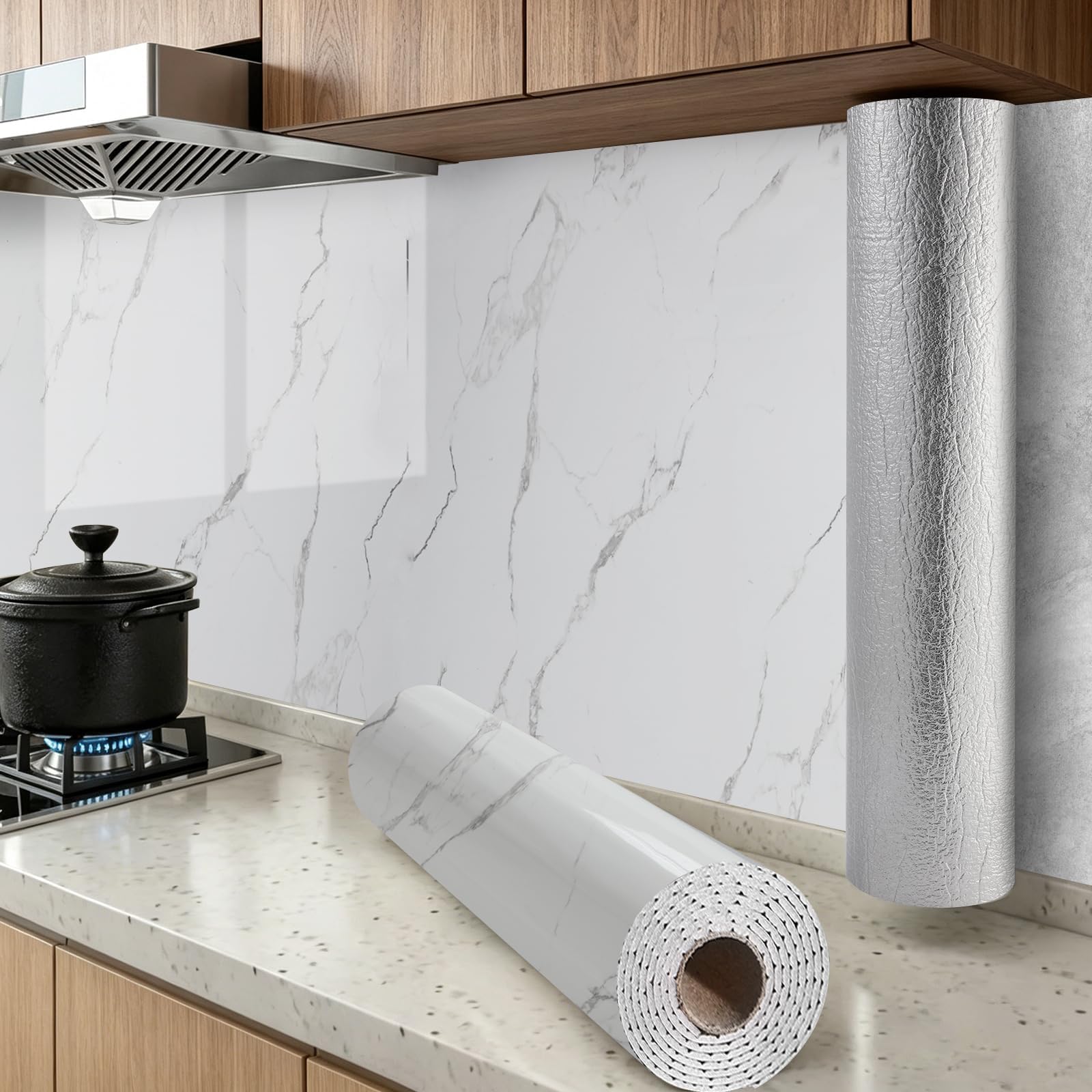 3Roll White Marble Self Adhesive Wallpaper Peel and Stick Wallpaper For Kitchen Splashback Bathroom 2.3mm Thick Sticky Back Plastic Vinyl Removable Paper Thermal Waterproof Insulating Wall Paper Roll