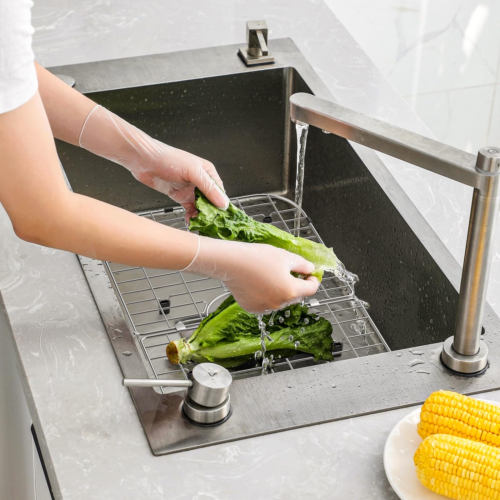 Protezione per lavello in acciaio inox, 66 x 35,6 cm, scarico centrato | Grande griglia per lavello da cucina, griglia di scarico antiruggine con protezione antigraffio