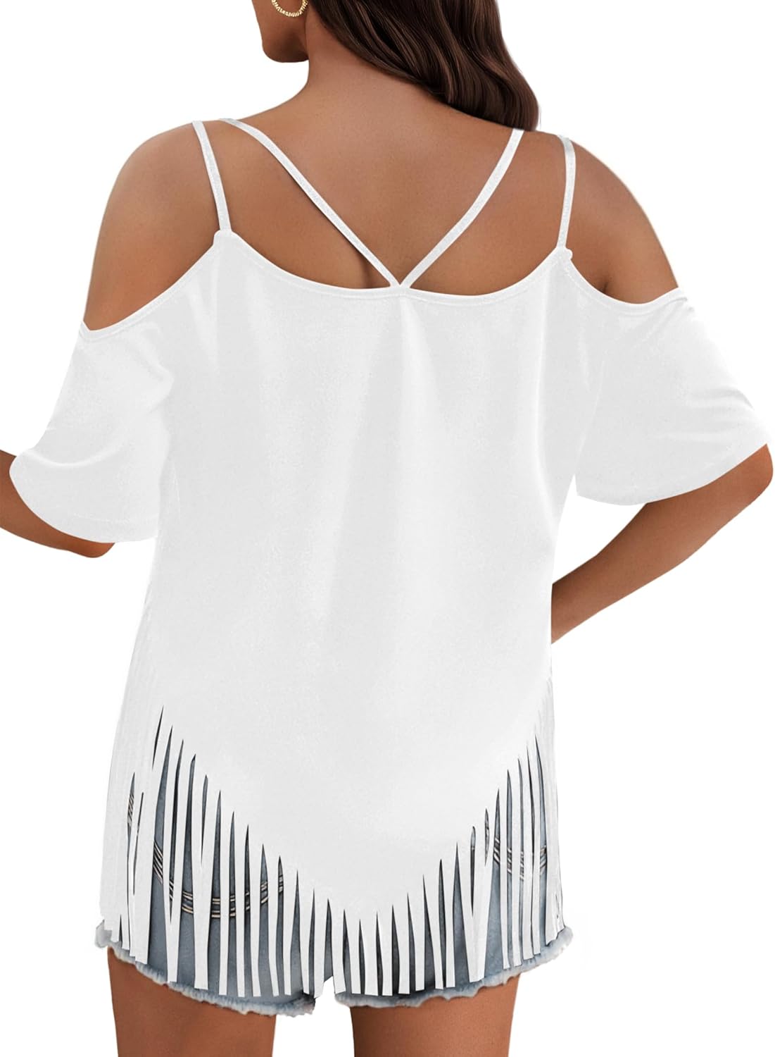Remidoo Fringe Tops for Women Oversized T Shirt Bell Short Sleeve Sexy V Neck Shirts - Image 2