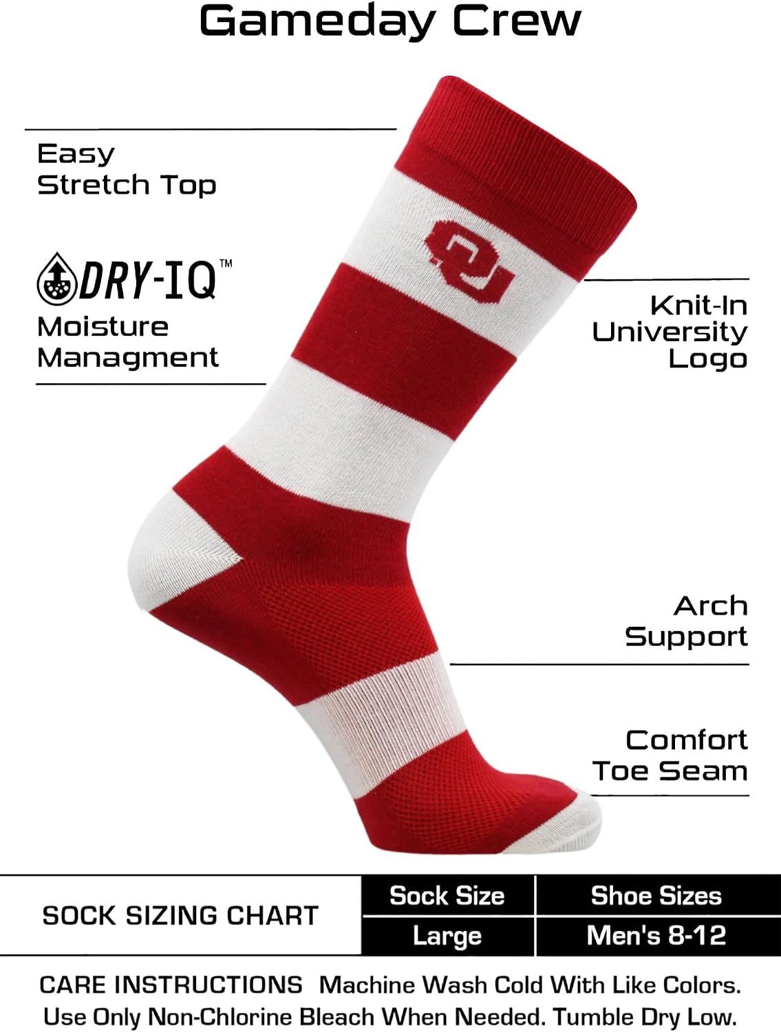TCK NCAA College Team Striped Crew Socks - Men's Dress & Casual Game Day Apparel - Soft Breathable Polyester Blend, 1 Pair