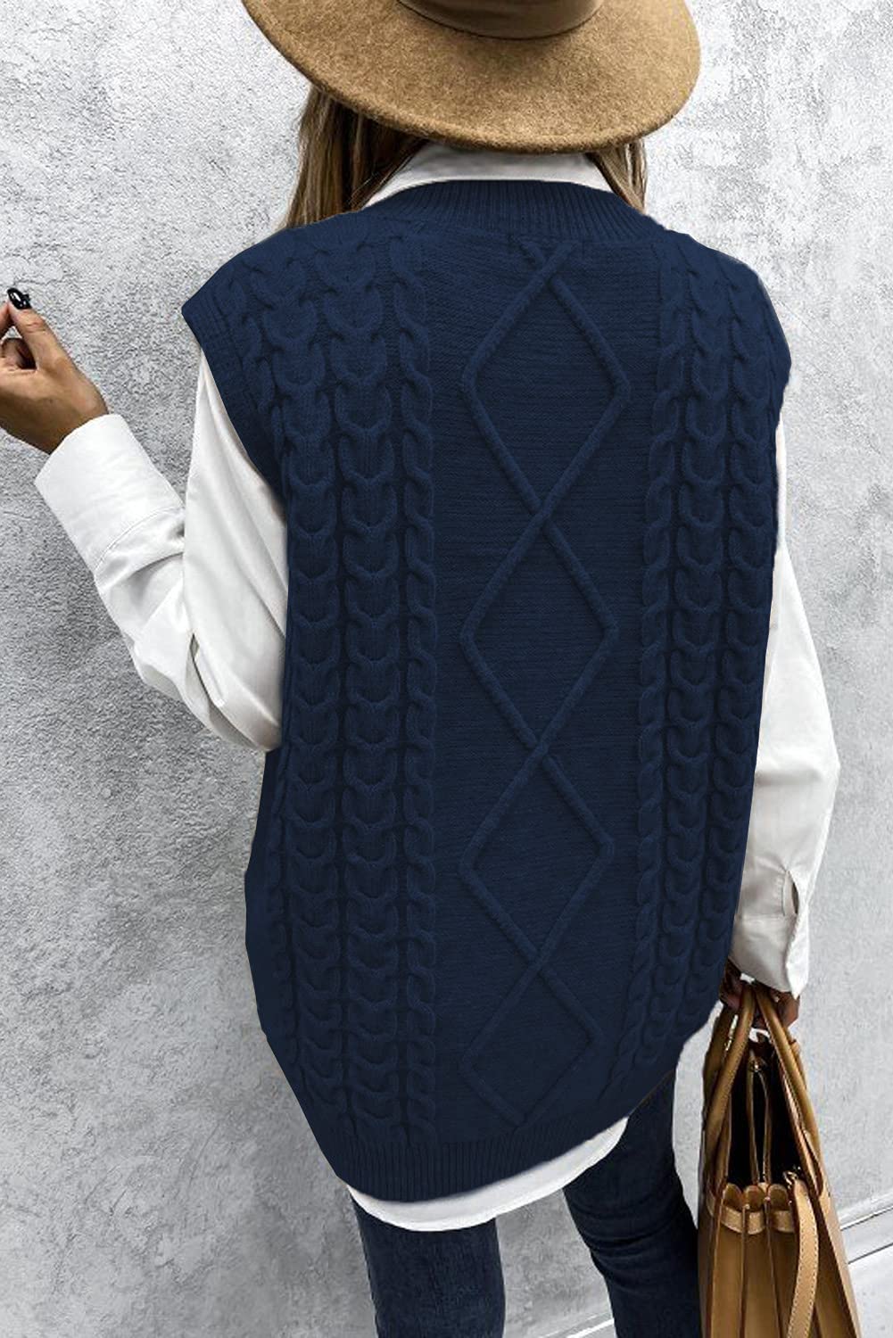 Meufam Sweter kamizelka damska, oversize, dekolt w serek, bez rękawów, swetry z dzianiny kablowej, luźny pulower