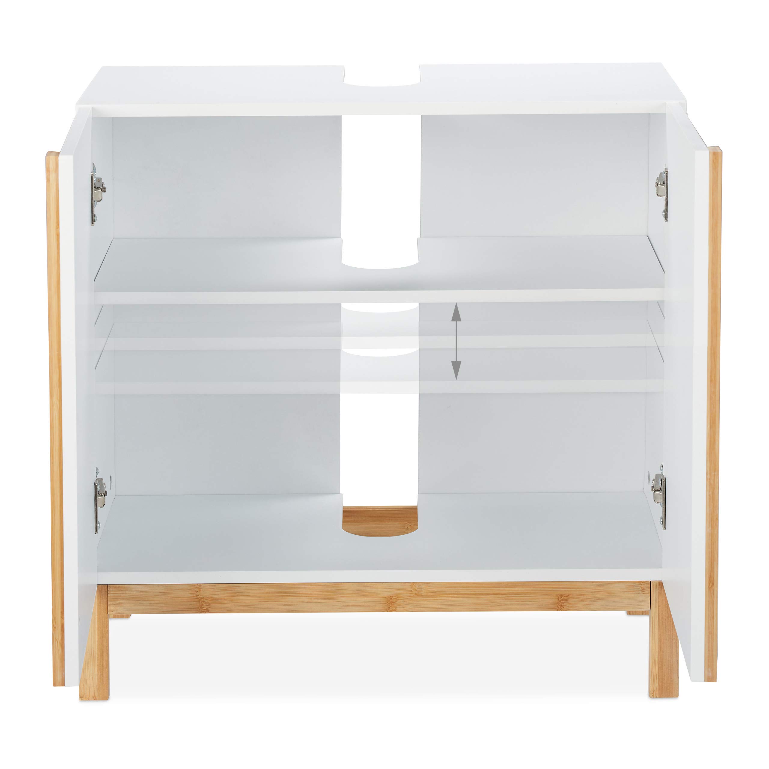 Relaxdays Waschbeckenunterschrank, 2 Fächer, Badschrank MDF & Bambus, Waschbeckenschrank HBT 60,5x60x30,5cm, Weiß/Natur