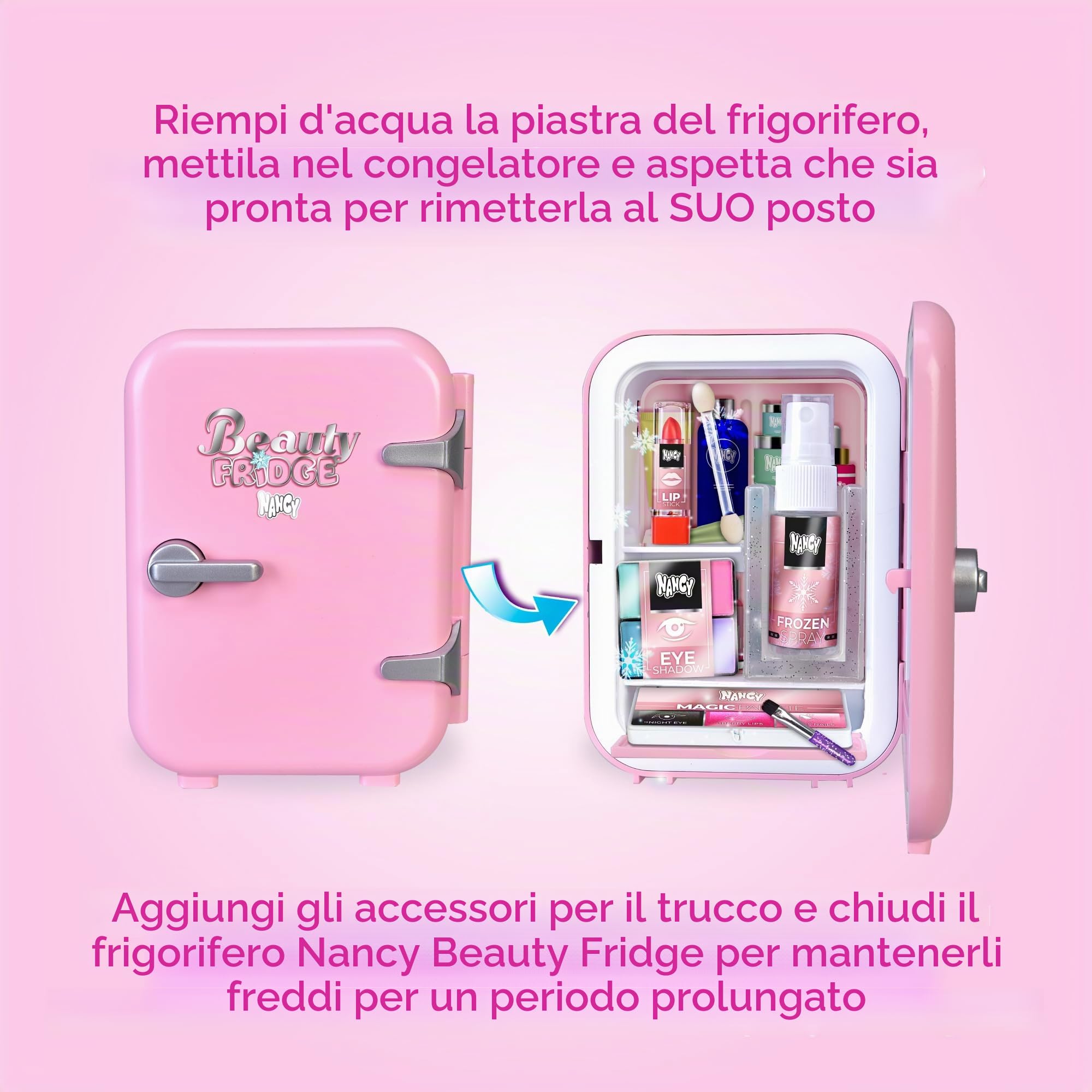 Nancy Beauty Fridge, bambola con accessori per il trucco e frigorifero con vassoio per il ghiaccio dedicato ai suoi cosmetici, per bambine/i +3 anni, Famosa (NAC74000)