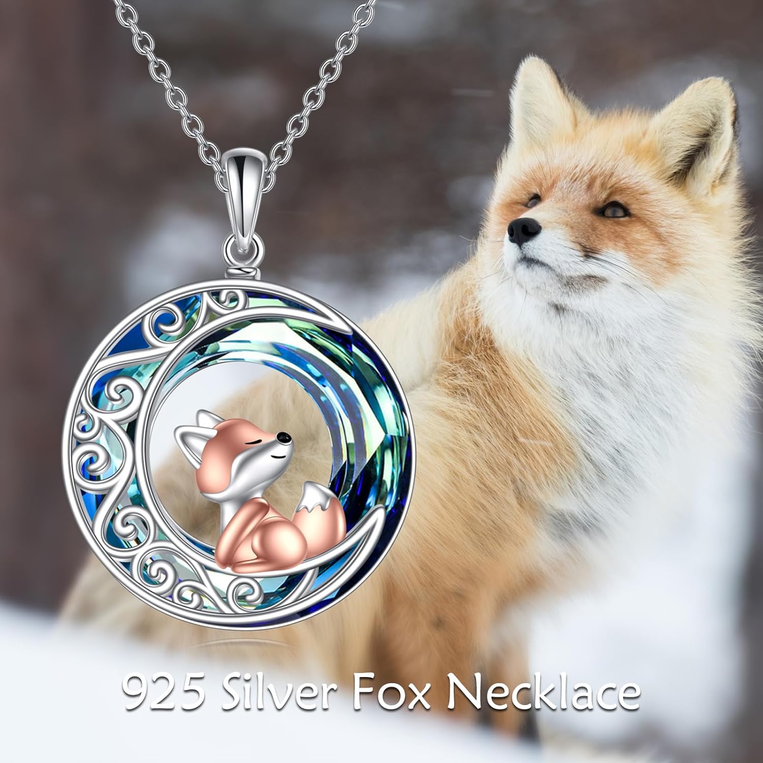 925 Sterling Silver Celtic Crescent Moon Animal Necklace for Women Fox/Black Cat/Hummingbird Crystal/Abalone Shell Pendant Jewelry Gift for Mom Daughter