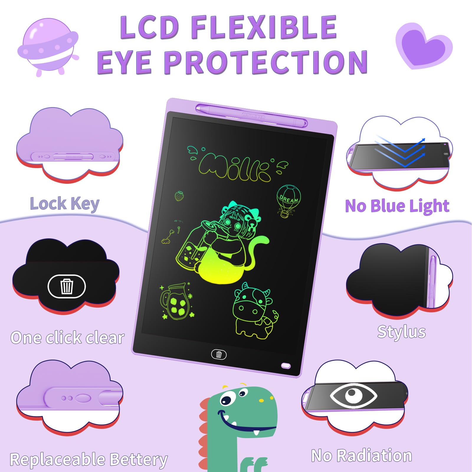 Tavoletta Grafica LCD Scrittura Colorato 12 Pollici, Lavagna da Disegno Cancellabile, Regalo Bambini, Tavoletta Grafica per Giochi per 2 3 4 5 6 7 Anni (Viola)