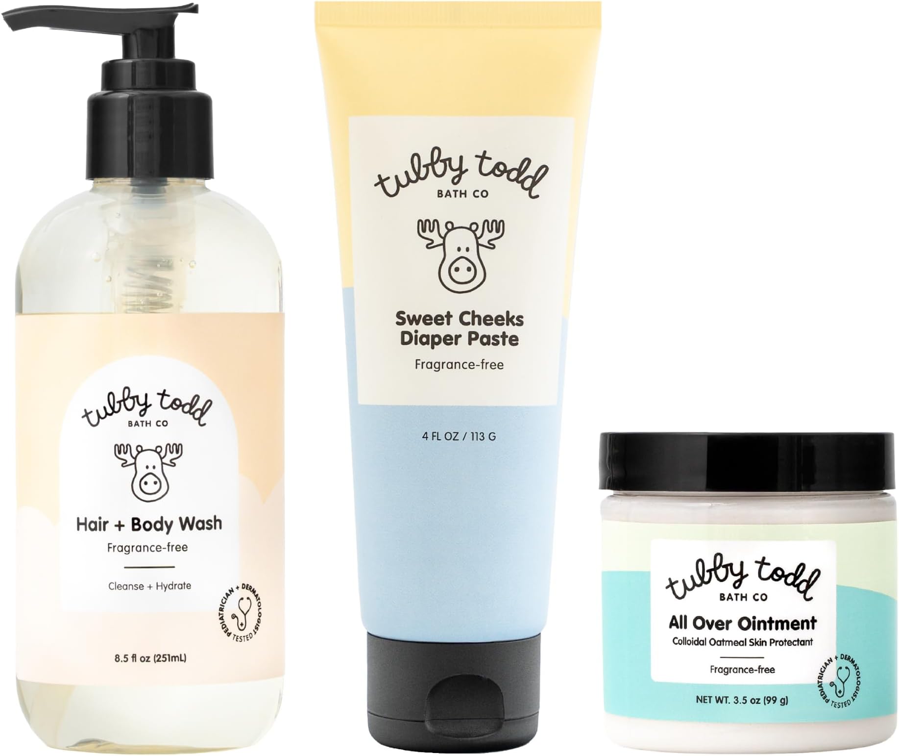 Baby Bundle Newborn Skin Care Set - Hypoallergenic Hair + Body Wash, All Over Ointment with Colloidal Oatmeal, Sweet Cheeks Diaper Paste - Fragrance Free, Standard Size