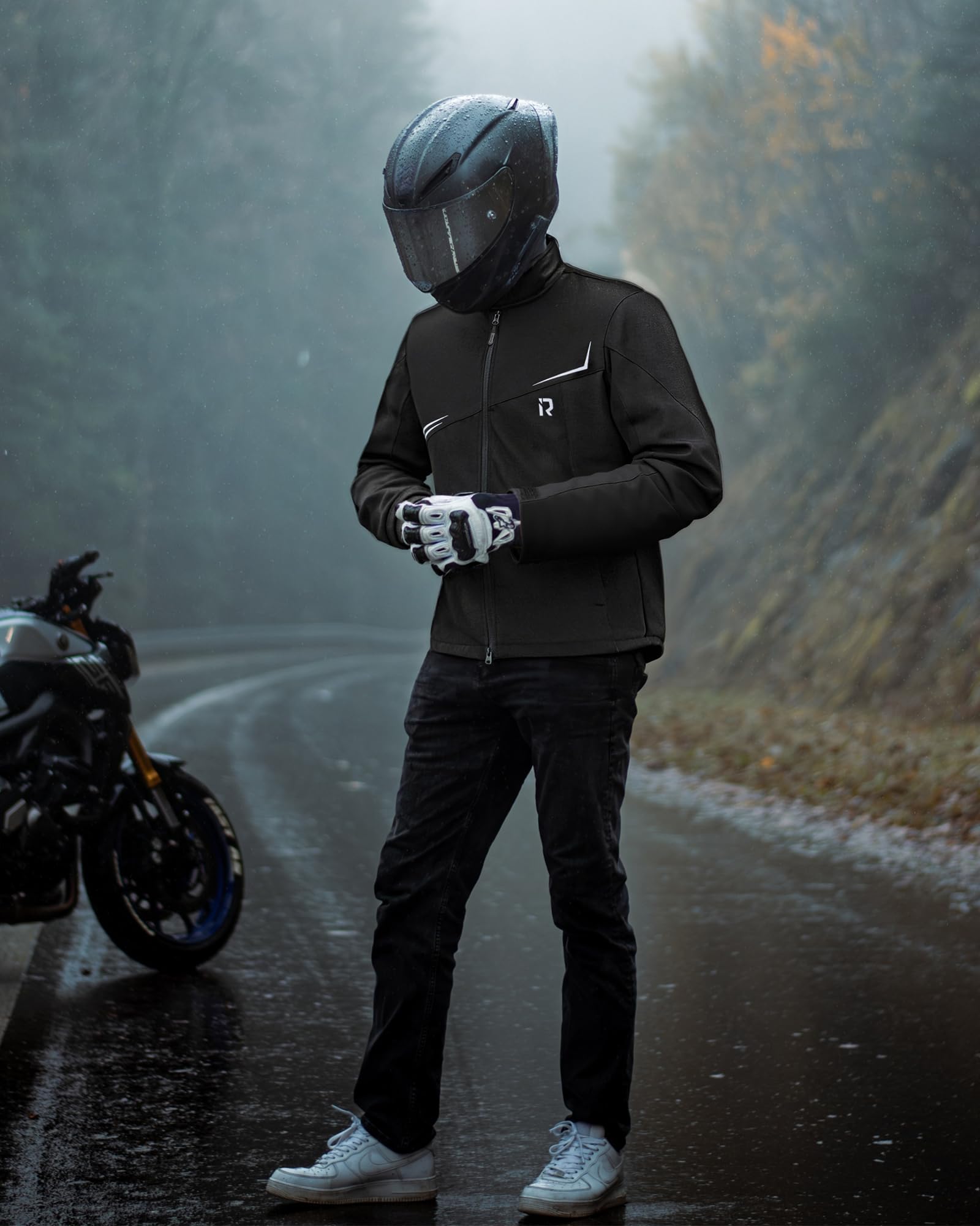 RIDEIRON Giacca Moto Uomo Inverno con Spalline e Gomitiere CE Equipaggiamento, Fodera Sfoderabile, antivento Protezione dal freddo Tutte le Stagionicon,Nero