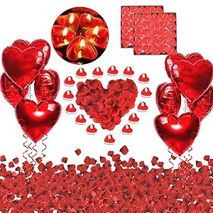 Kit Romántico de Velas y Pétalos, Decoracion de San Valentin, 1000 Piezas Pétalos de Rosa +50 Rojo Velas en Forma de Corazón +10 Foil Globos Corazón Rojo Decoración para Matrimonio, Cumpleaños