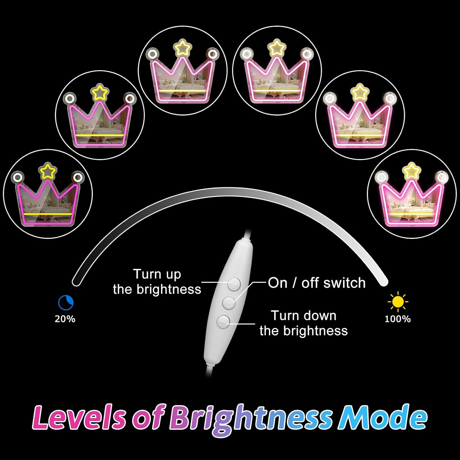 Crown Neon Sign-Pink Mirror LED Sign, 13.7"X 15.7" USB Powered Mirror Neon Signs, Dimmable LED Vanity Light Bedroom Decor Christmas Gift for Teen Girls & Kids(Pink&Yellow&White) - Image 3