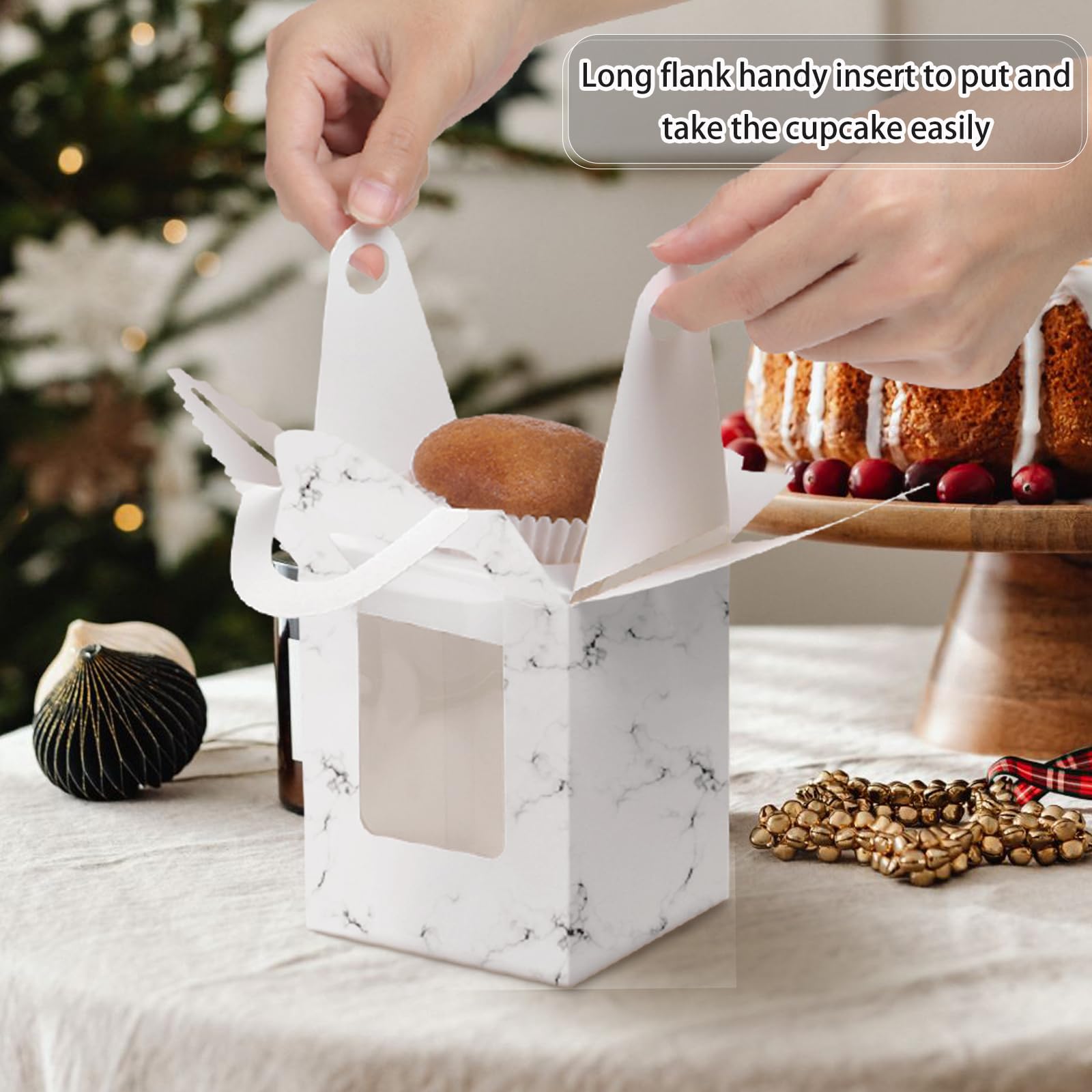 10 Scatole Cupcake Con Finestra PVC 16x16x15cm - Con Manico Per Feste E Matrimoni - Bianco E Oro
