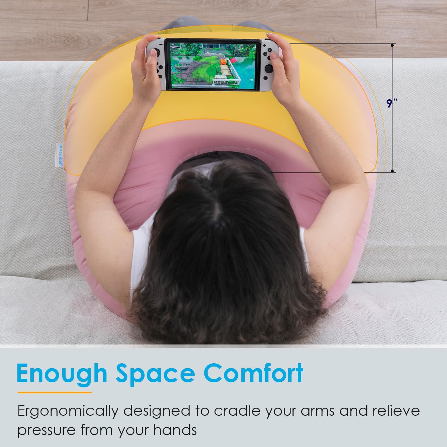 QUEEN ROSE Reading Pillow for Gaming, Lap Desk Pillow for Sitting in Bed or Sofa, Compact Arm Support Pillow for Reading, Playing or Crocheting, Cooling Pink