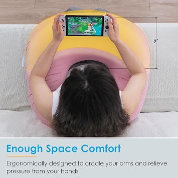 QUEEN ROSE Reading Pillow for Gaming, Lap Desk Pillow for Sitting in Bed or Sofa, Compact Arm Support Pillow for Reading, Playing or Crocheting, Cooling Pink
