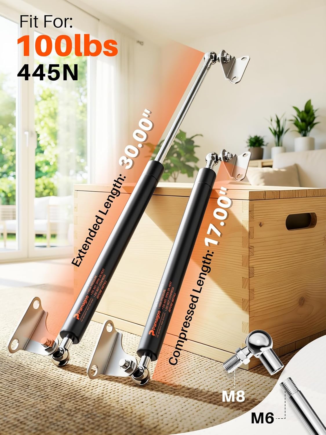 30 inch 100 lbs(100-140 LBS) 445 N Gas Strut Shocks, 30'' Per Prop with Mounting Brackets for TV Cabinets Heavy Duty Lid Cover RV Bed Basement Floor Door, 2 Pack Gas Spring