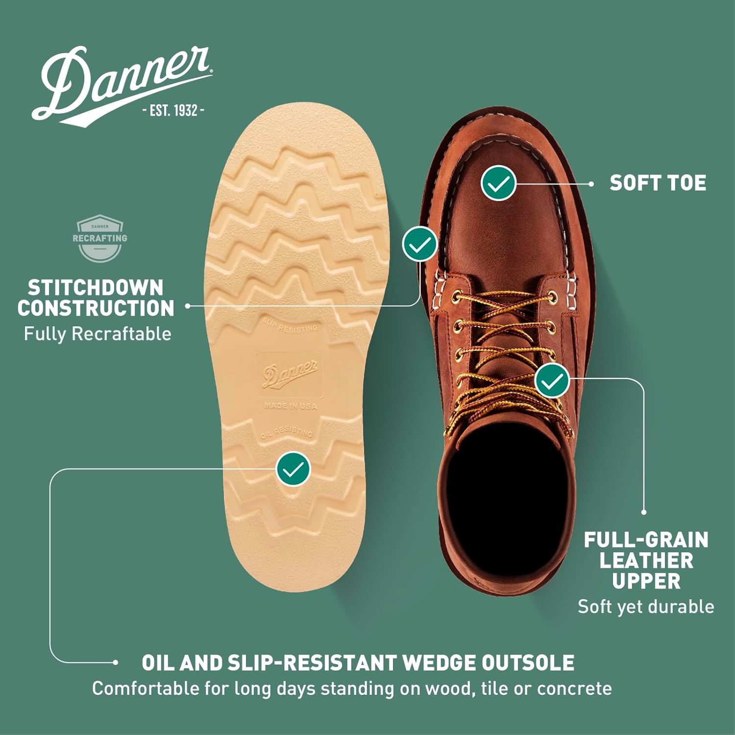 Danner 6” Bull Run Moc Toe Work Boots for Men - Oiled Full-Grain Leather Upper with Non Slip Wedge Outsole and 3-Density Cushion Footbed, EH Resistant - Image 4