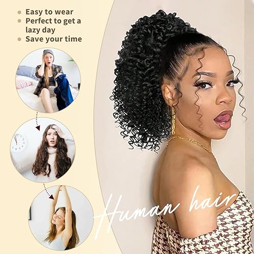 Miniatura 5 de Isheeny Cola de Caballo Rizada con Cordón para Mujeres Negras, Extensión de Cabello Humano de 16 Pulgadas, Estilo Protector para Cabello 4A 4B 4C