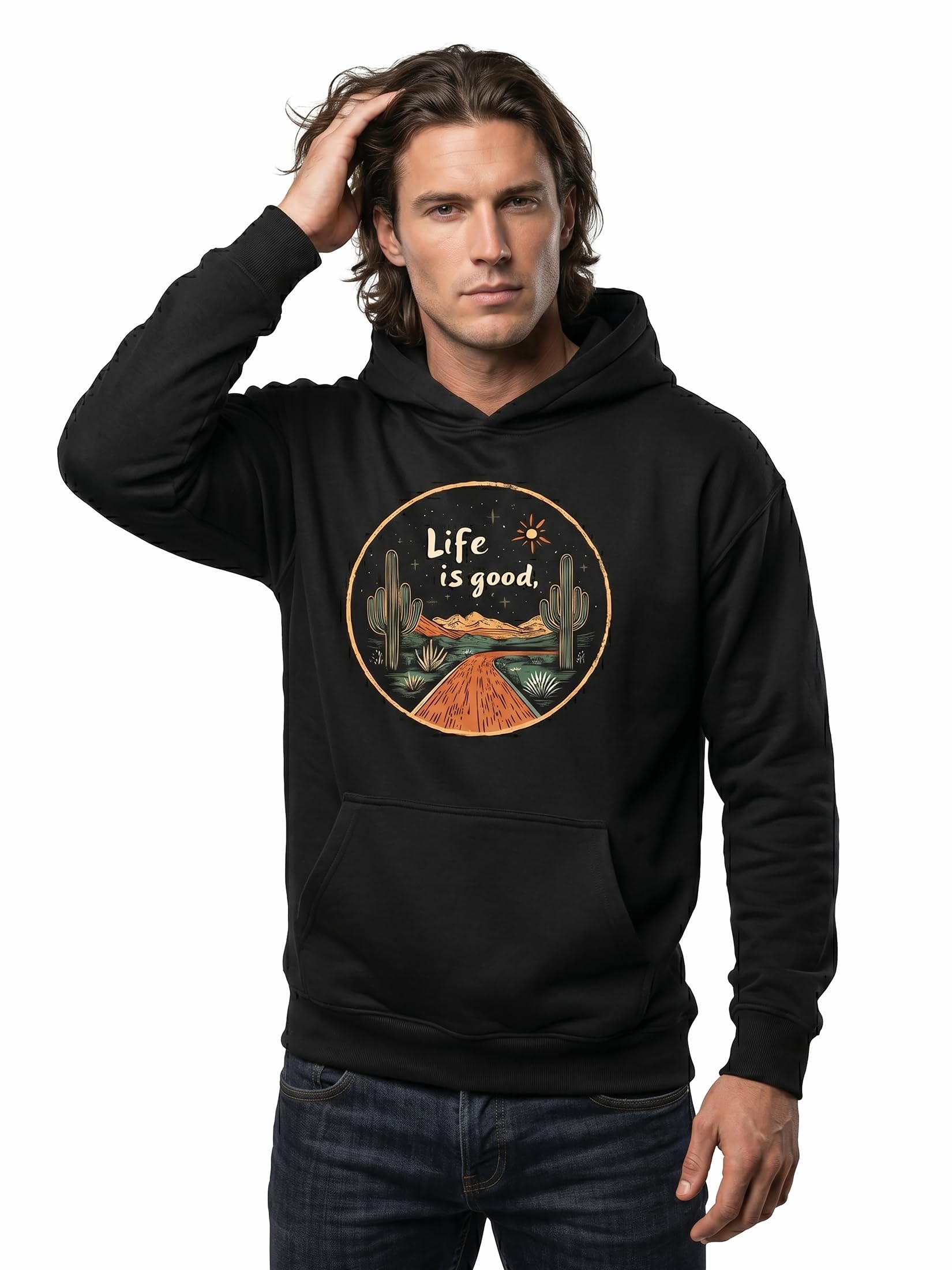 MAKAYA bluza z kapturem męska z motywem kaktusa vintage boho styl luźny hoodie