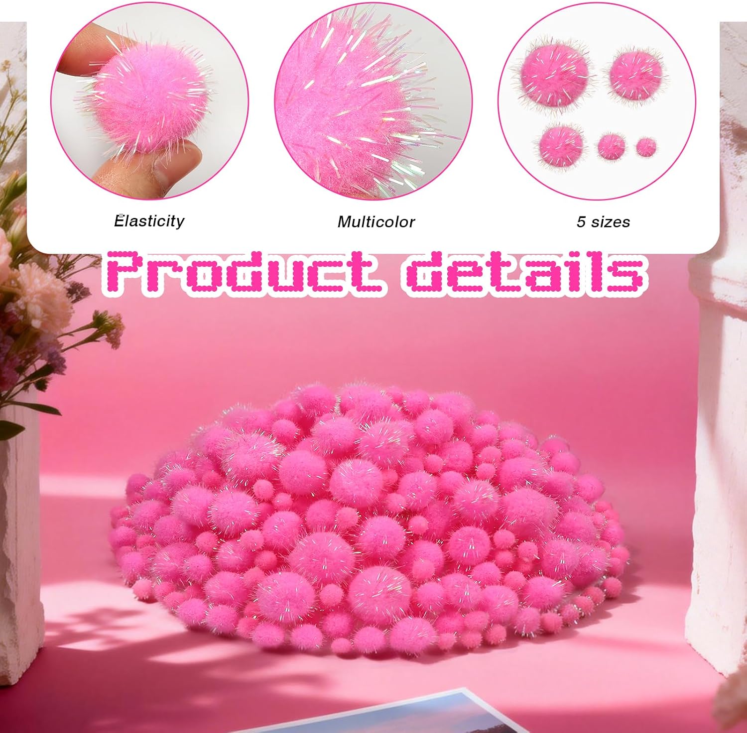 TOAOB 400pcs Glitter Pom Poms Pink Tinsel Sparkling Craft Fuzzy Balls
