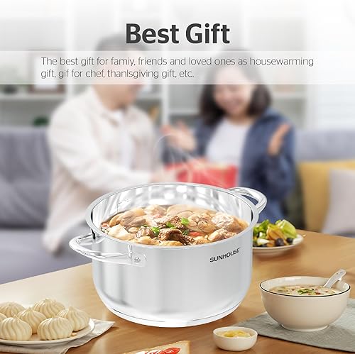 Miniatura 5 de SUNHOUSE Olla de 8 cuartos de galón con tapa, parte inferior de 3 capas, de acero inoxidable, para pasta, conservas, horno holandés, compatible con