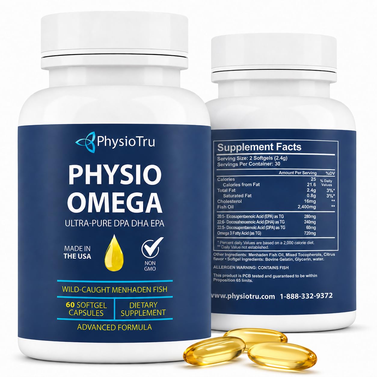PhysioTru Ômega-3 em óleo de peixe com EPA, DHA e DPA, forma triglicerídea, 60 cápsulas