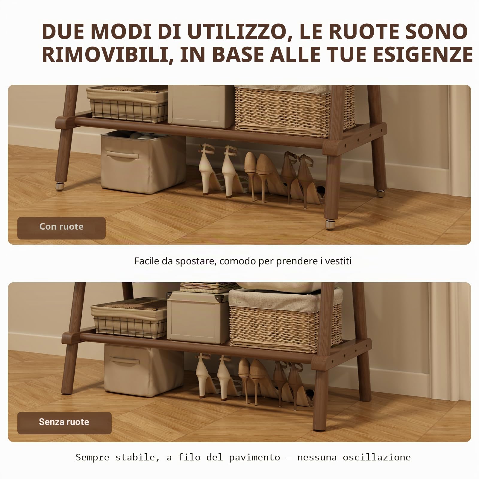 AQIMUELE Stand Appendiabiti con Ruote, Attaccapanni in Legno, 43 x 100 x 157 cm, Appendiabiti da Terra, Resistente, Facile da Montare e Spostare, con Supporto per Scarpe (Noce)