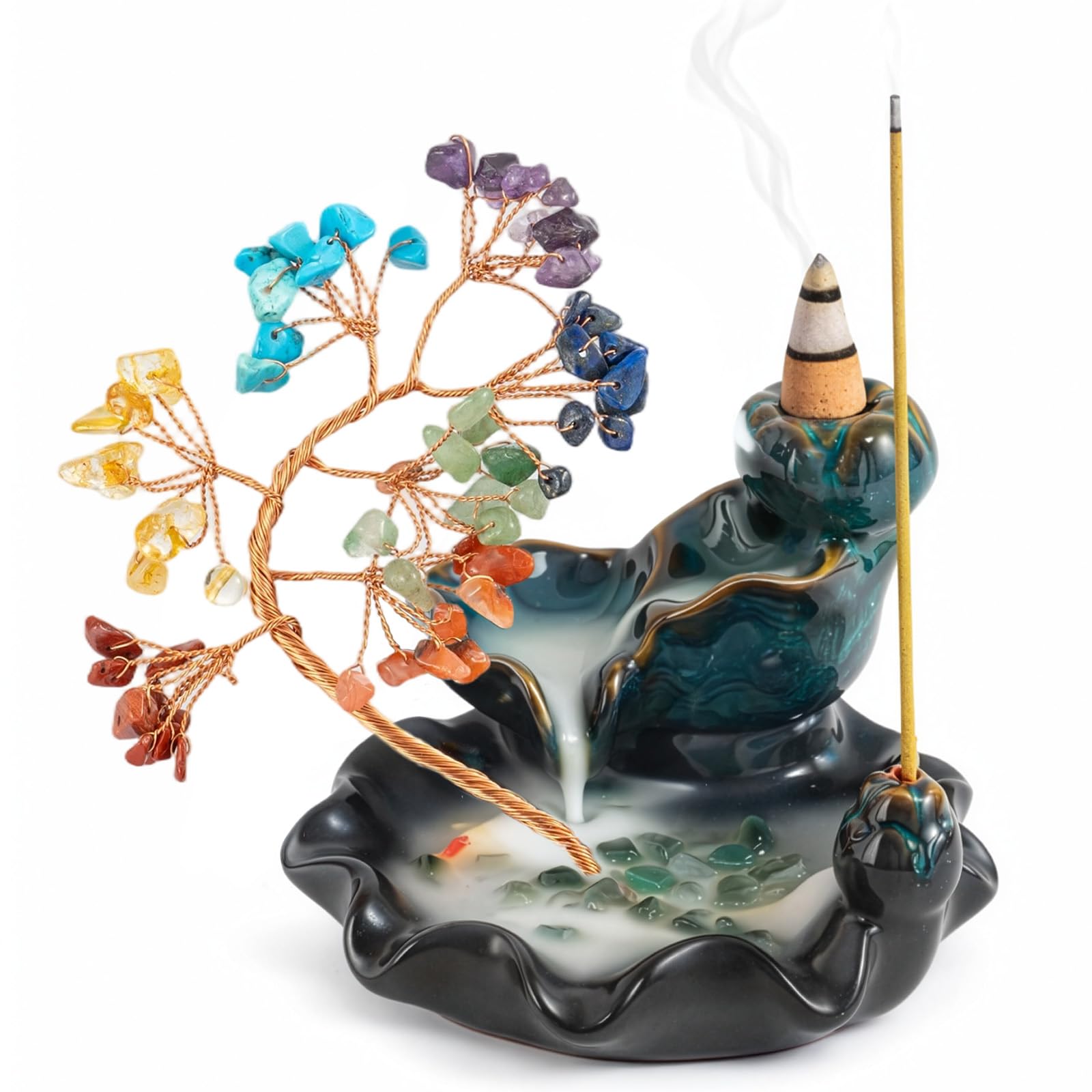 GREENSAPPIRE Ceramic Lake Waterfall Incense Burner Crystal Tree Backflow Incense Burner 7 Chakra Crystal Tree Scented Sticks Holders Ceramic Mountain Lake Base with Koi Fish Home Decor Gifts