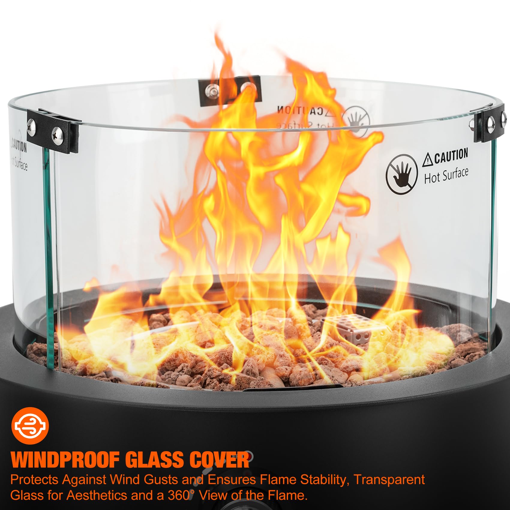 Onlyfire Braciere a gas da tavolo, riscaldatore per patio esterno con ingresso d'aria inferiore, rocce laviche e protezione antivento in vetro, braciere a propano per patio, cortile, ristorante
