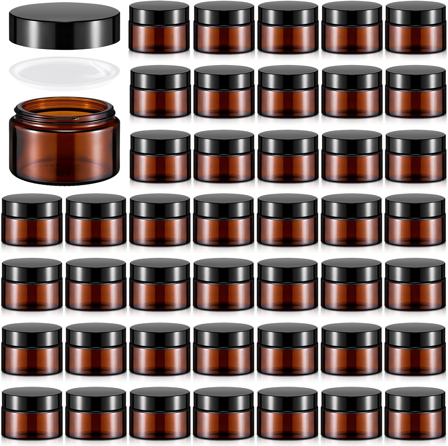 Domensi 60 Pcs 1oz Glass Jars with Lids Bulk Salve Tins Small Glass Candle Jars Cosmetic Jars for Travel with Inner Liners Containers for Lotions Sample Cream(Amber, Black Lid)