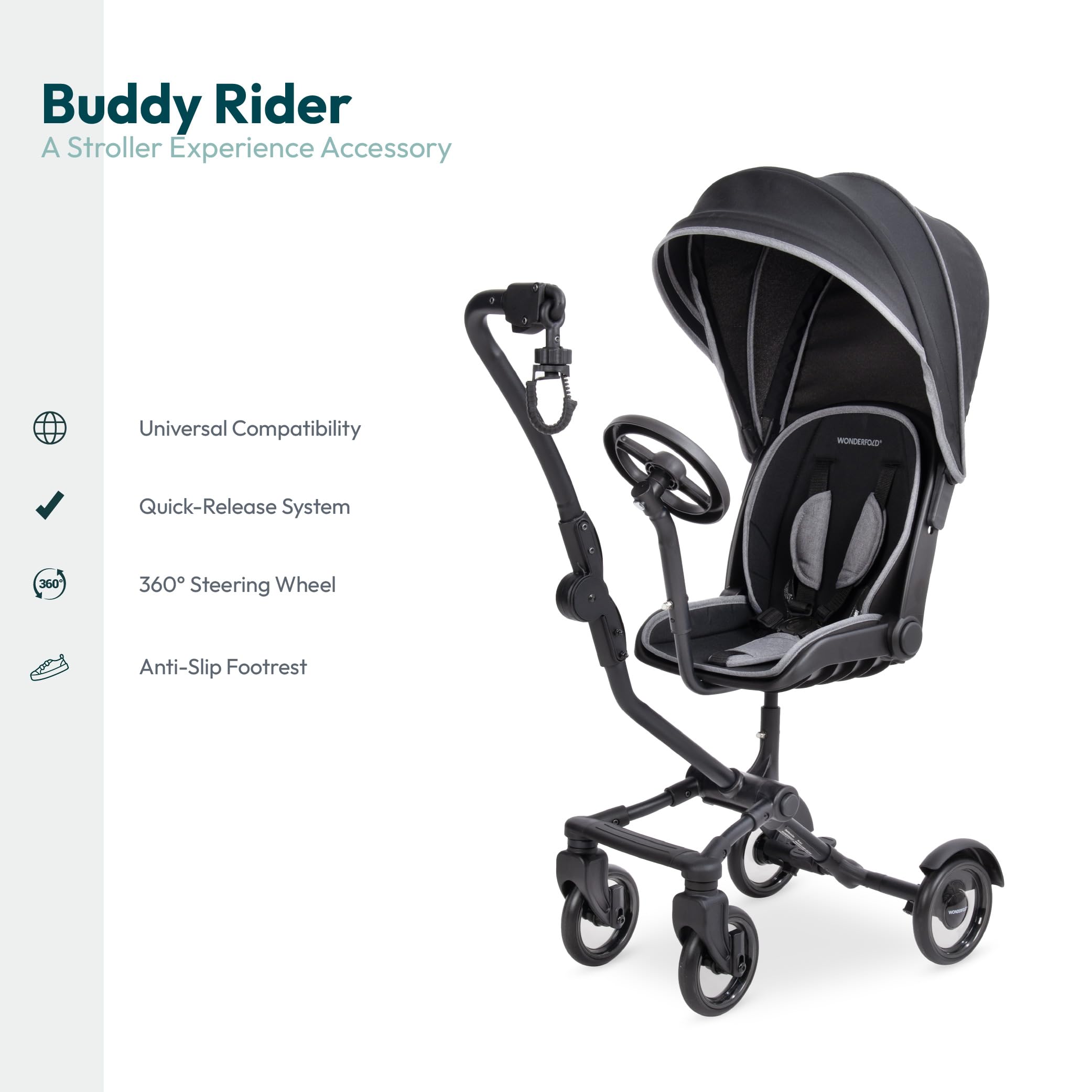 Wonderfold Buddy Rider Kinderwagen, faltbar, leichtes Design, verstellbarer Baldachin, Aufbewahrungskorb, Schwarz, 74,9x38,9x32,5 cm