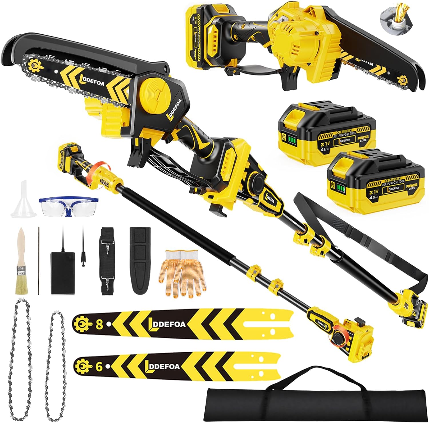 3-in-1 Electric Pole Saws for Tree Trimming, 8"&6" Mini Chainsaw with Extension Pole Total Reach of Max 15.58ft, 1000W Brushless Motor, Cordless Pole Saw Auto Oiling, 2×4.0Ah Battery, for Wood Cutting