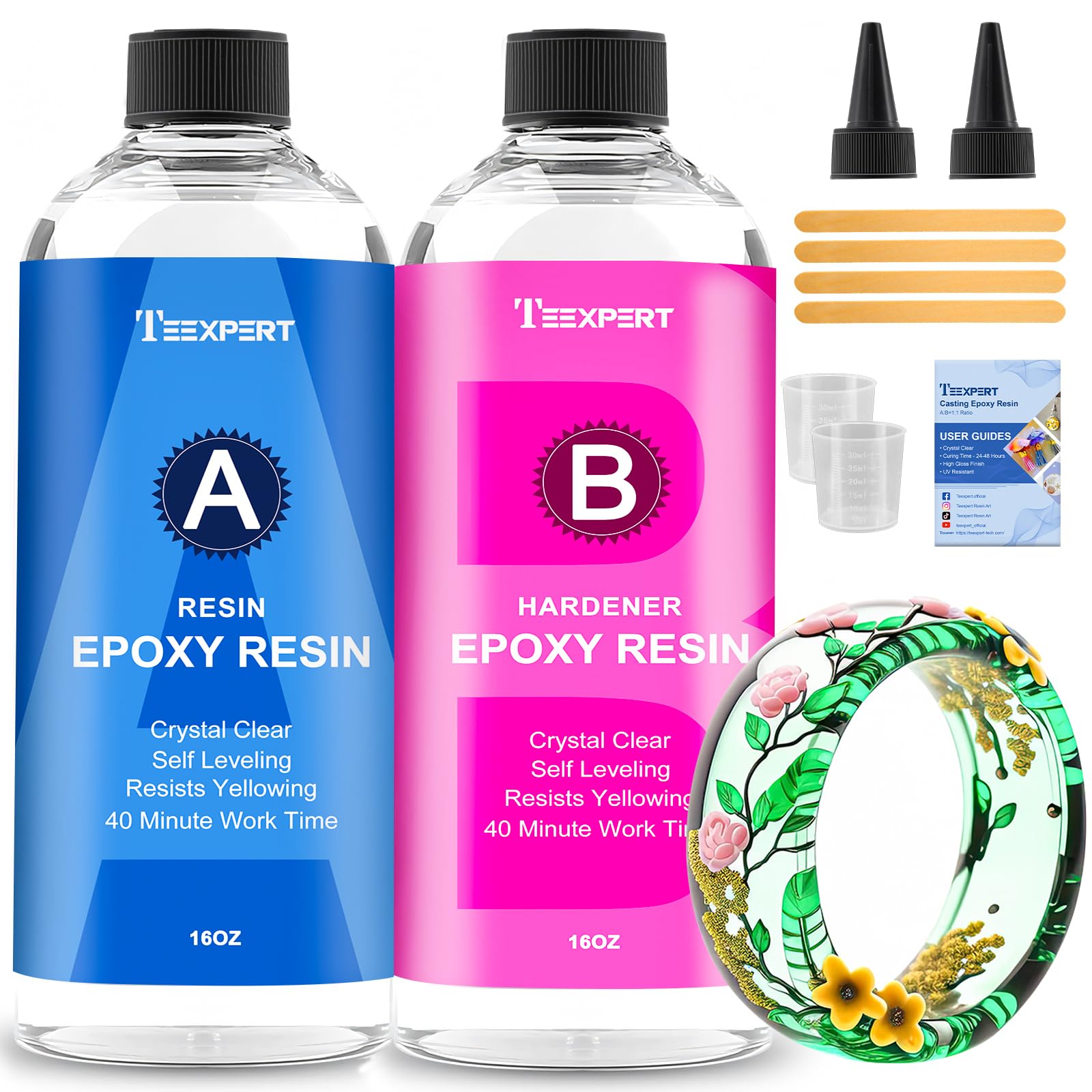 Teexpert Epoxidharz mit Härter, Hochglanz Epoxidharz Set, Blasenfreies Beschichtungs- und Gießharz für DIY-Kunst, Schmuck, Untersetzer, Weihnachtsdekorationen, Tischplatten, Formen, Holz
