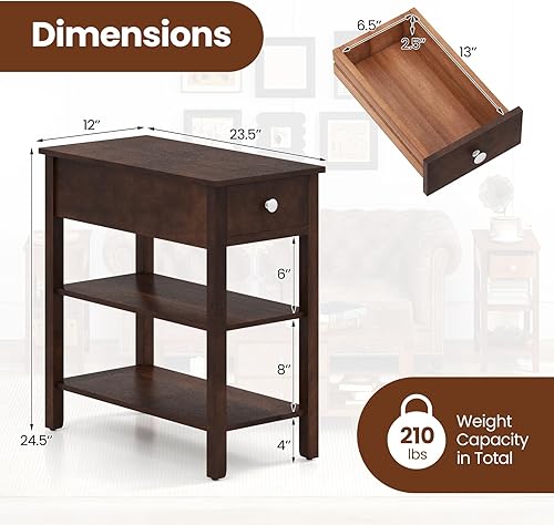 Miniatura 3 de Giantex Juego de 2 mesas auxiliares estrechas con cajón y estantes de almacenamiento, mesas auxiliares de sofá de madera, mesitas de noche de 3
