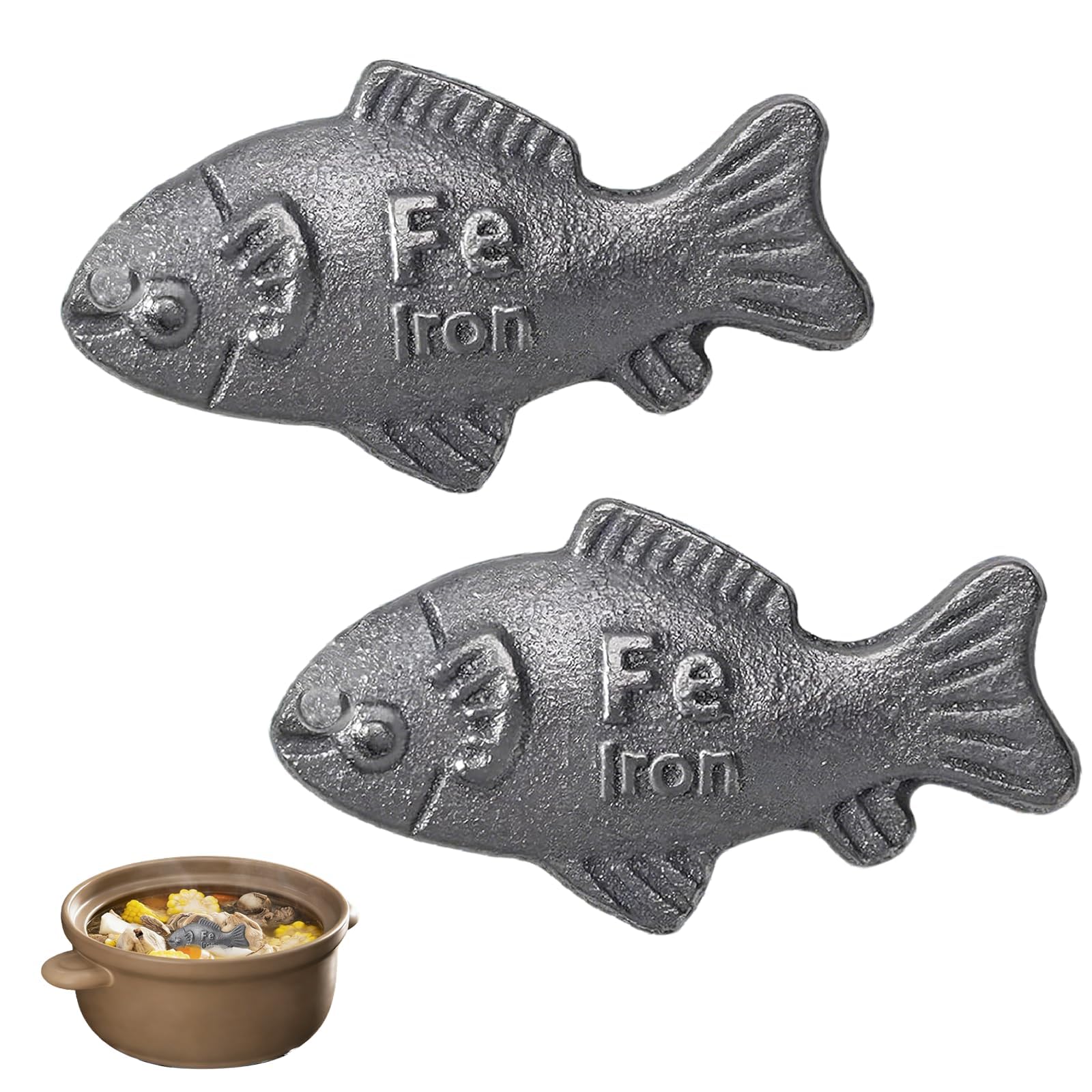 2 Pack Cast Iron Fish for Iron Deficiency Cooking Tool Reusable Fish Shaped Ingot Natural Mineral Helper for Soup Tea and Curry Water Enrichment