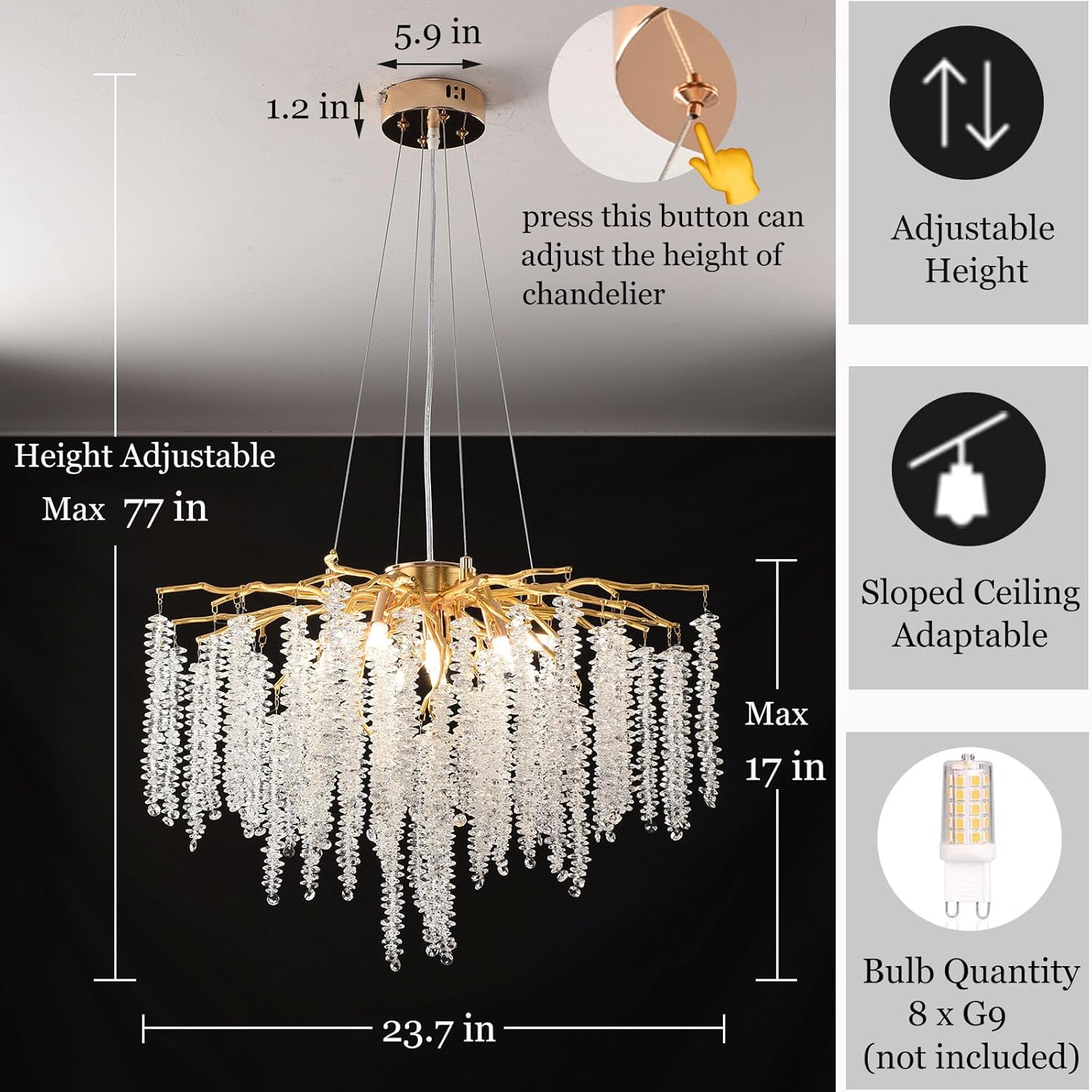 Modern Crystal Tree Branch Chandelier, D23.7'' Gold Round Raindrop Indoor Hanging Pendant Light Fixture for Dining Room Living Room Bedroom 8 Lights