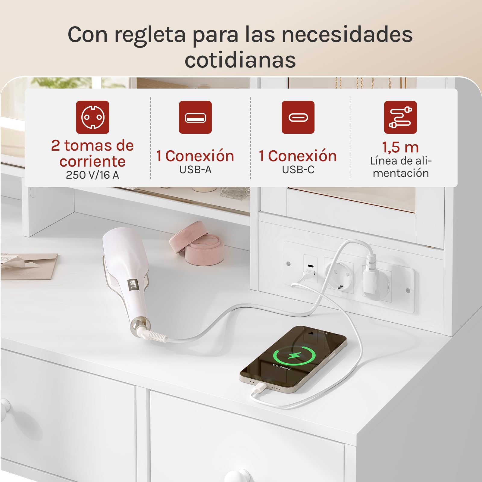 WOLTU Tocador Maquillaje con Joyero, Espejo Luz LED Ajustable, Mesa Tocador Maquillaje con Enchufes, Cajones y Estantes, Blanca, MB6125ws