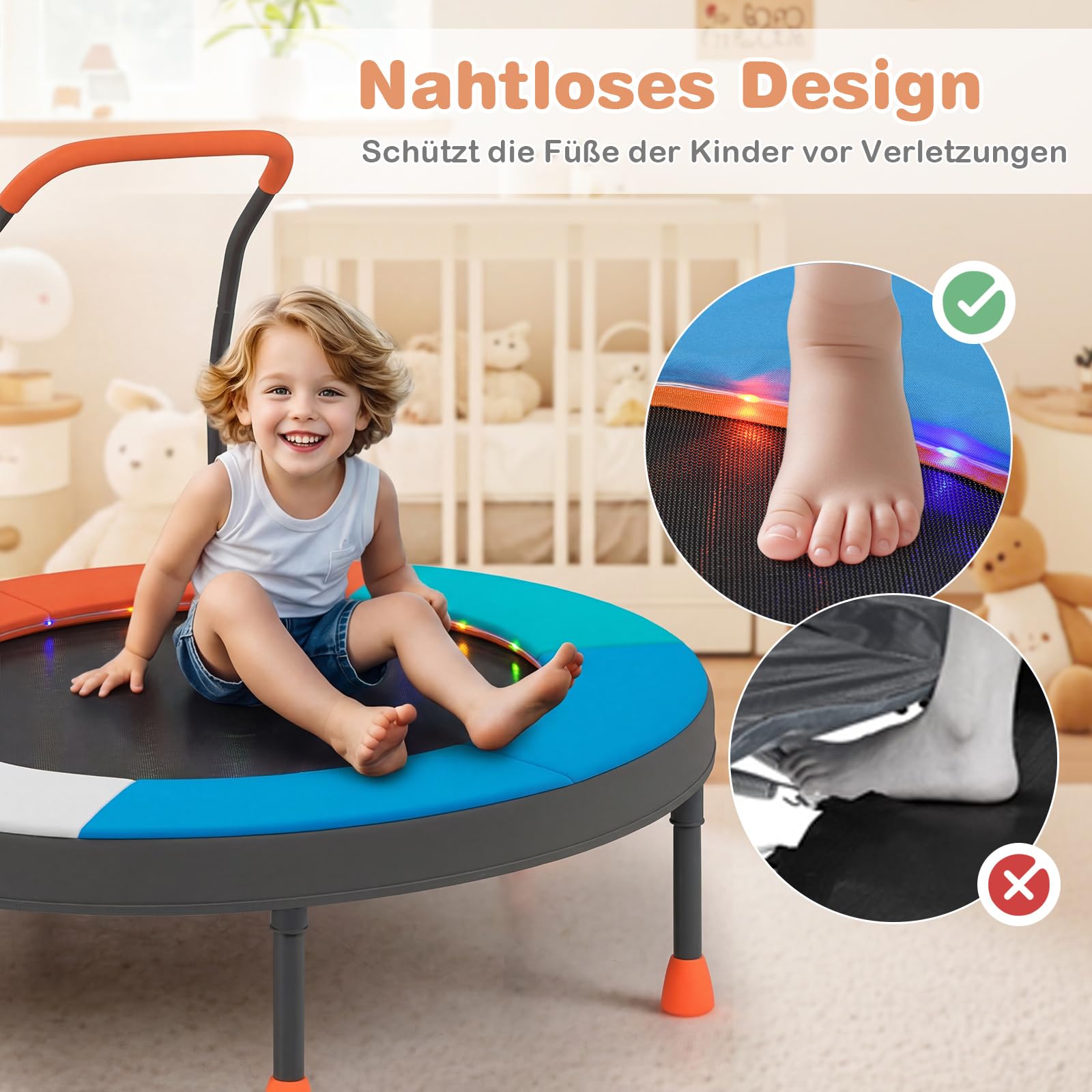 COSTWAY Ø90 cm Kinder Trampolin, Minitrampolin faltbar mit LED Beleuchtung, Fitness Trampolin Indoor mit Griff & Tragetasche, Gartentrampolin klein für Kinder ab 3 Jahren