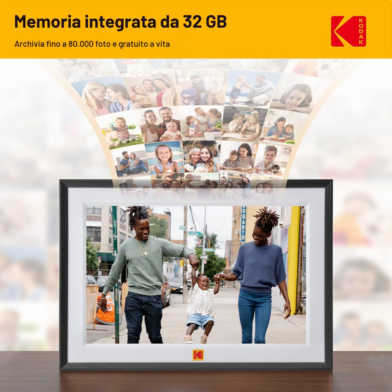 Cornice Digitale WiFi KODAK Cornice Foto Digitale 10 Pollici, HD IPS Touchscreen, Cornici Elettronica con 32GB di Memoria, Portafoto Digitale Condivisione di Foto Musica Video via APP, Auto-Rotazione