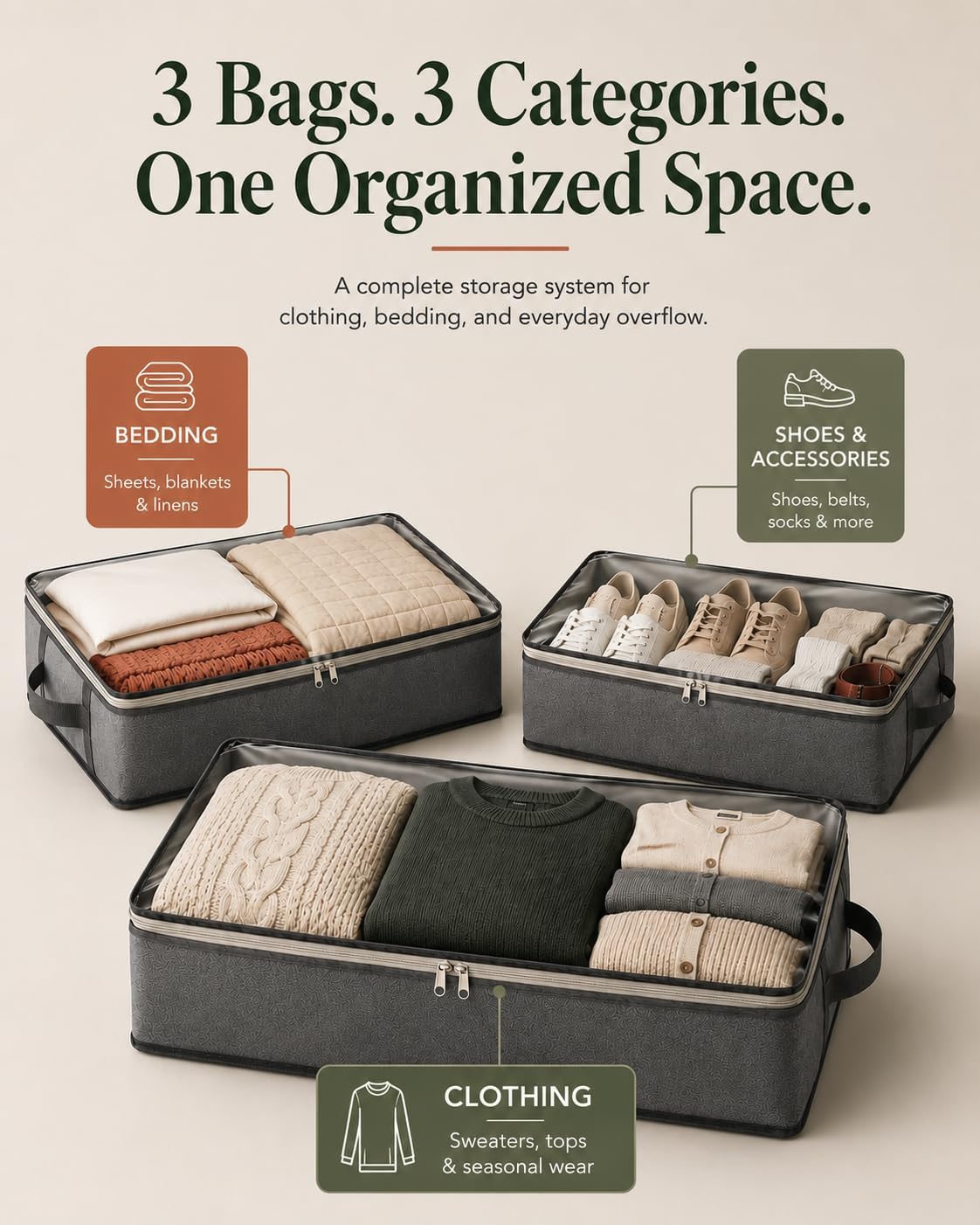 NestNeatly Under Bed Storage Bags 3 Pack, Dorm Room Essentials, Gray Fabric