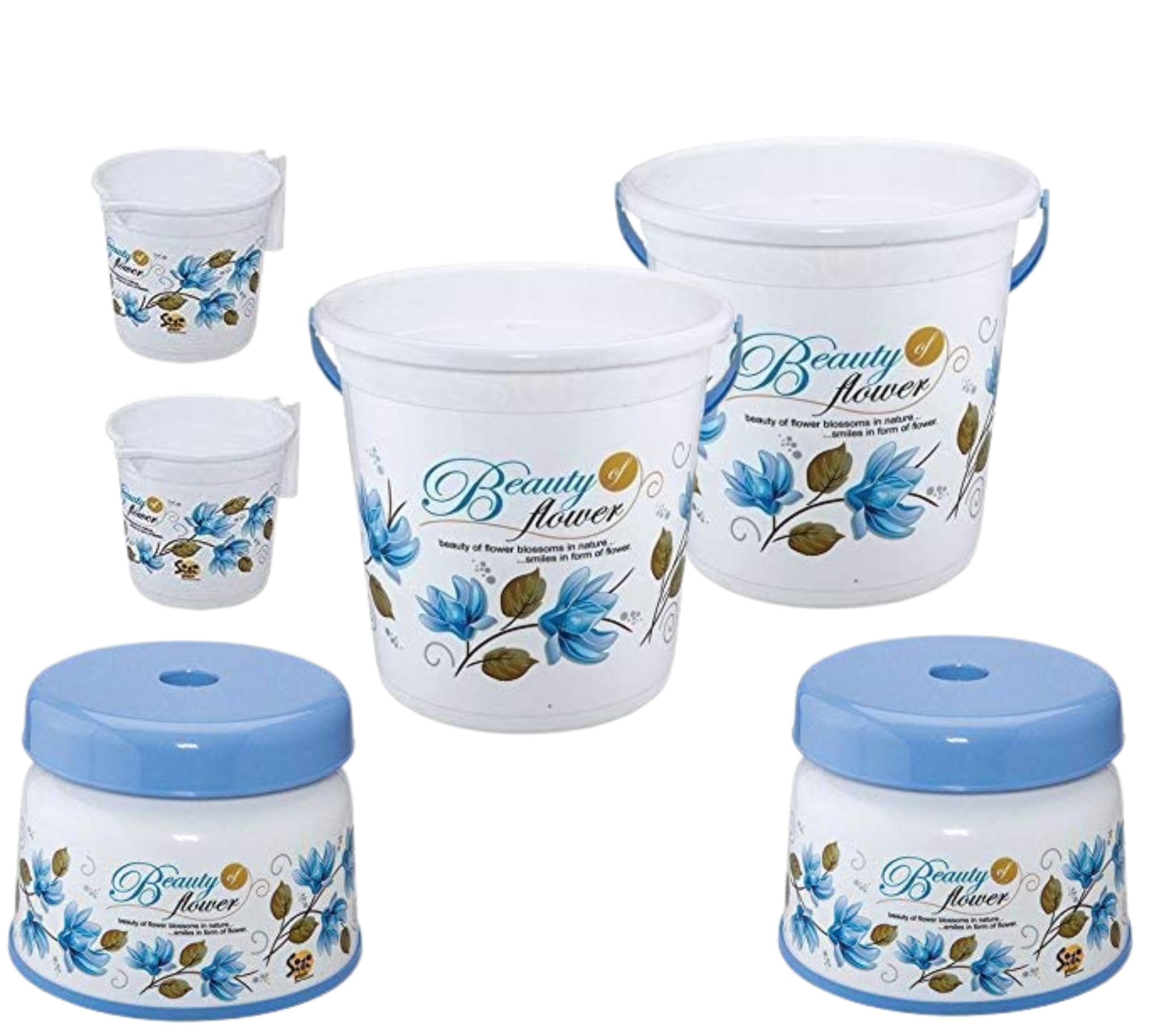 HEVEA Plastic Bathroom Bucket Set of 6 Combo Pack 2 Bucket 20L + 2 Mug 1 Litr + 2 Bath Stool Patla with New Flower Printed Design (Blue)