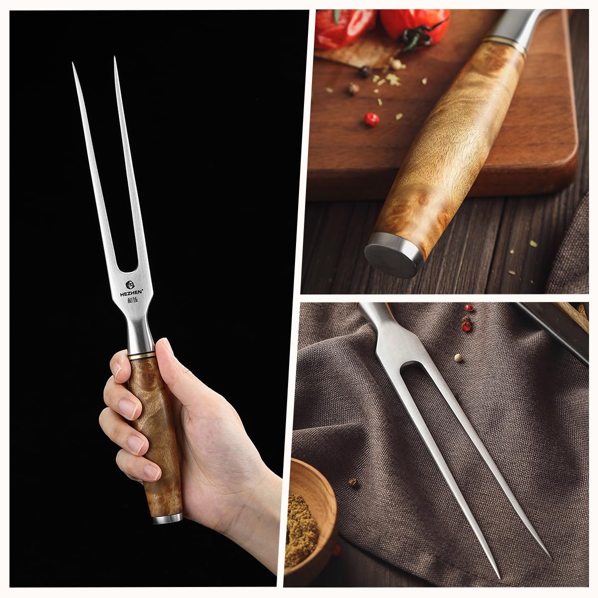 HEZHEN Forjado Tenedor de Tallado y Barbacoa Al Aire Libre - 15,5" de Acero Inoxidable 430 Sólido - Mango de Madera Figaro Sycamore - Caja de Regalo Incluida
