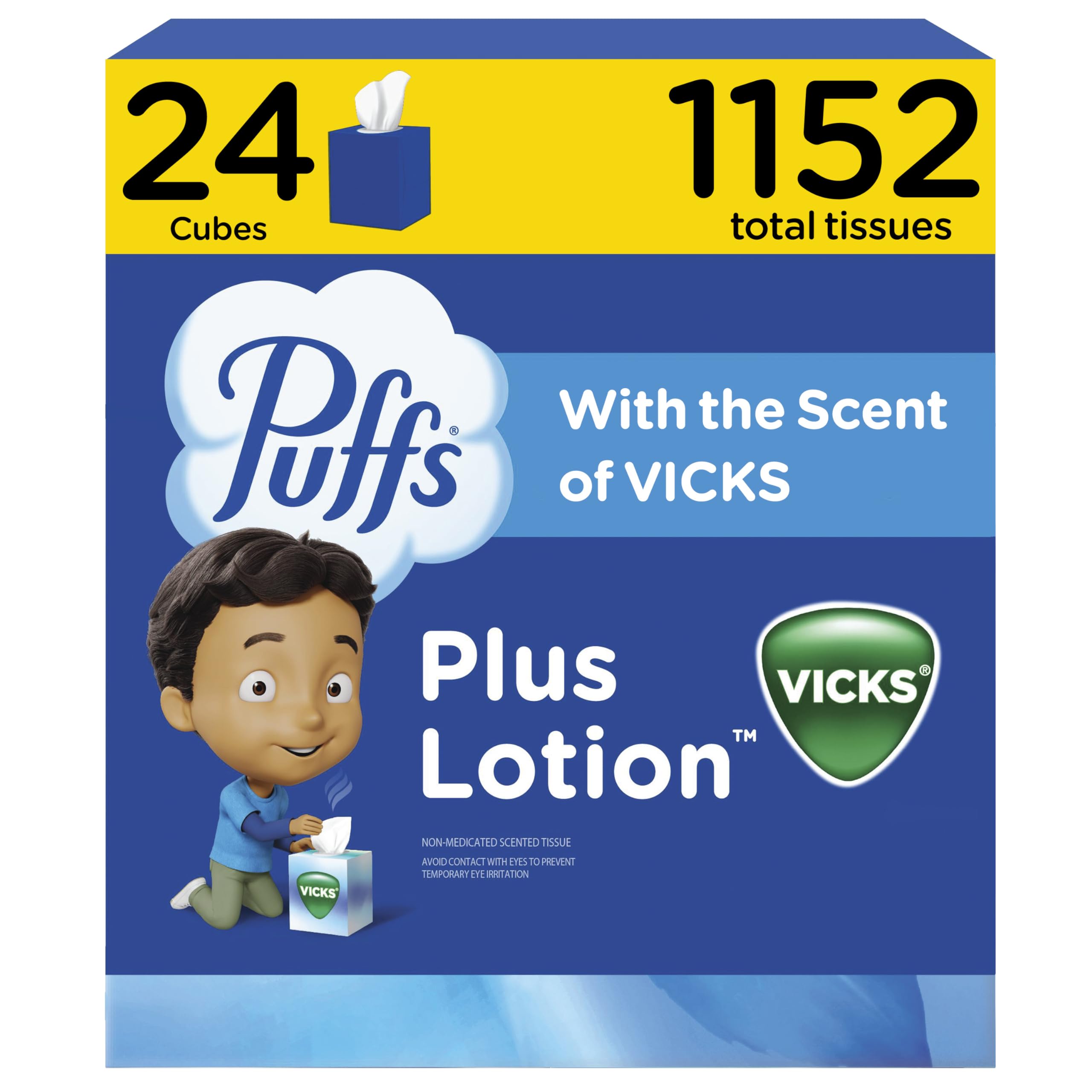 Puffs Plus Lotion With The Scent Of Vicks Facial Tissues, 24 Cube Boxes (48 Tissues per Box) by Puffs